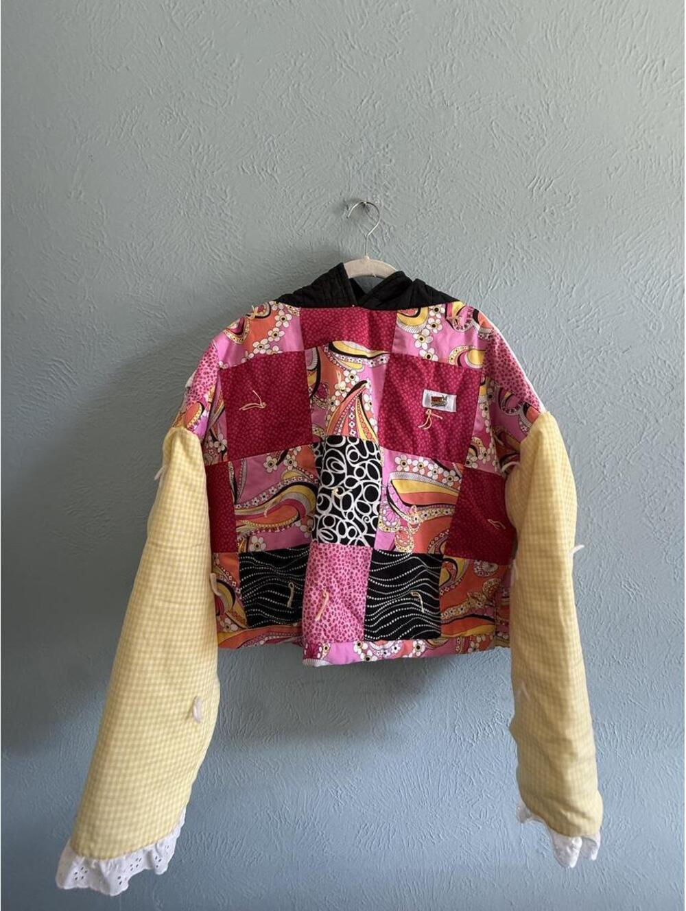 Handmade Patchwork quilt hoodie with yellow gingham sleeves and pink, red black